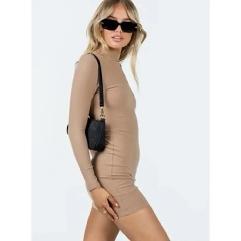 Princess Polly Savoy Long Sleeve Mini Dress Beige Tan Ribbed Knit Mock Neck